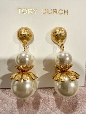 Tory Burch | Gold Plated & White Pearl Double-Drop Floral Earrings